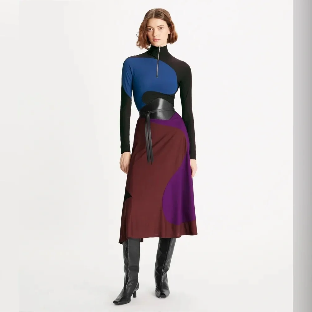 NWT $998 Tory Burch Colorblock Jersey Crepe Midi Skirt